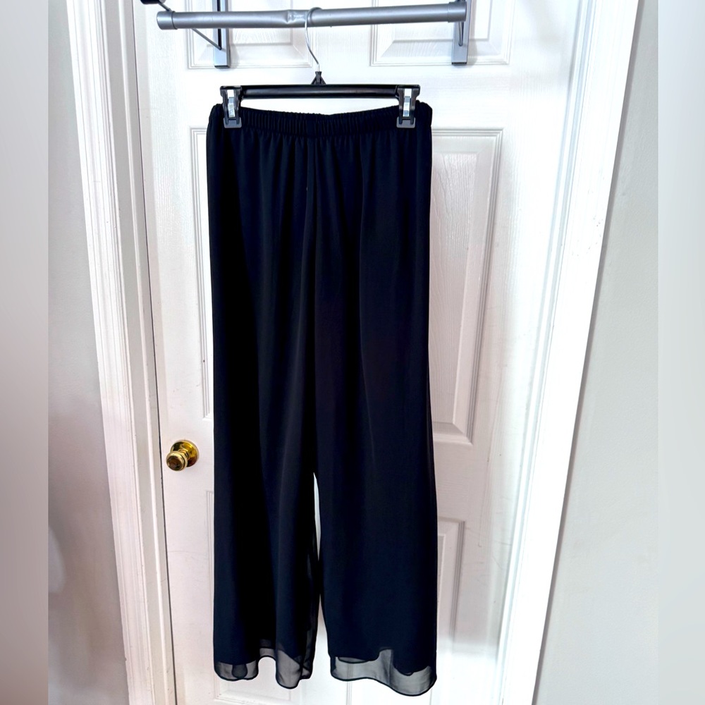Black wide leg evening pants with sheer overlay